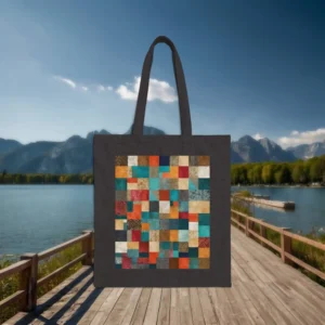 Flat black cotton tote bag with a colorful patchwork square pattern, displayed on a boardwalk with mountains and a lake in the background.