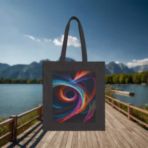 Flat black tote bag with a bold psychedelic swirl pattern in vibrant rainbow tones, displayed on a boardwalk by a lake.