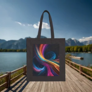 Flat black cotton tote bag with a dynamic ribbon-style abstract design in multicolor, displayed on a wooden dock by the lake.