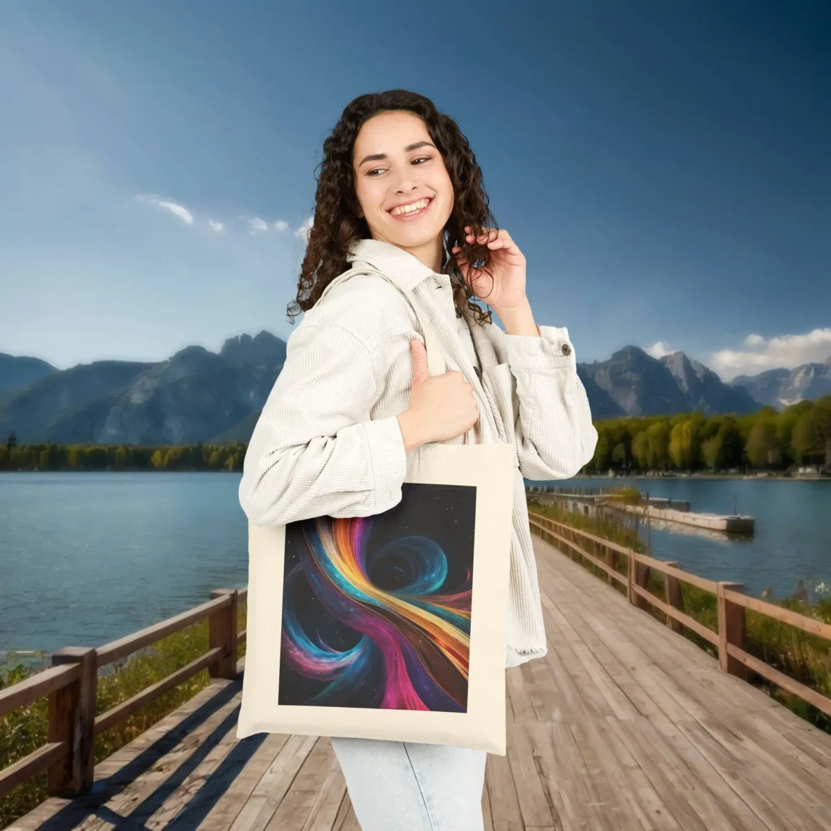 Woman carrying a beige cotton tote bag with a swirling ribbon-style design in vivid colors, standing by a lake and mountains.