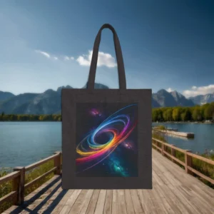Flat black tote bag with a swirling multicolored spiral galaxy design, displayed on a boardwalk by a calm lake and mountains.
