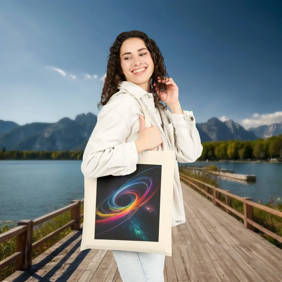 Woman carrying a beige cotton tote bag with a vibrant spiral galaxy design, standing on a boardwalk by a mountain lake.