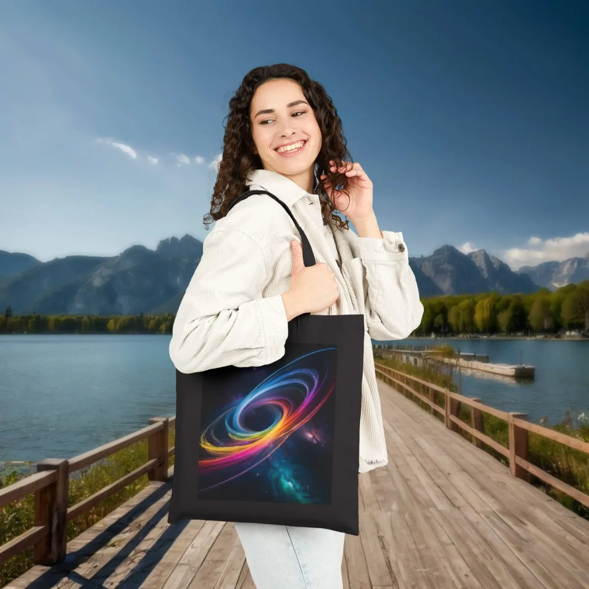 Smiling woman wearing a black tote bag featuring a colorful spiral galaxy design, posing on a lakeside boardwalk.