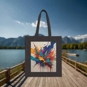 Flat black tote bag with a colorful splatter paint design, placed on a boardwalk by a calm lake with mountain scenery.