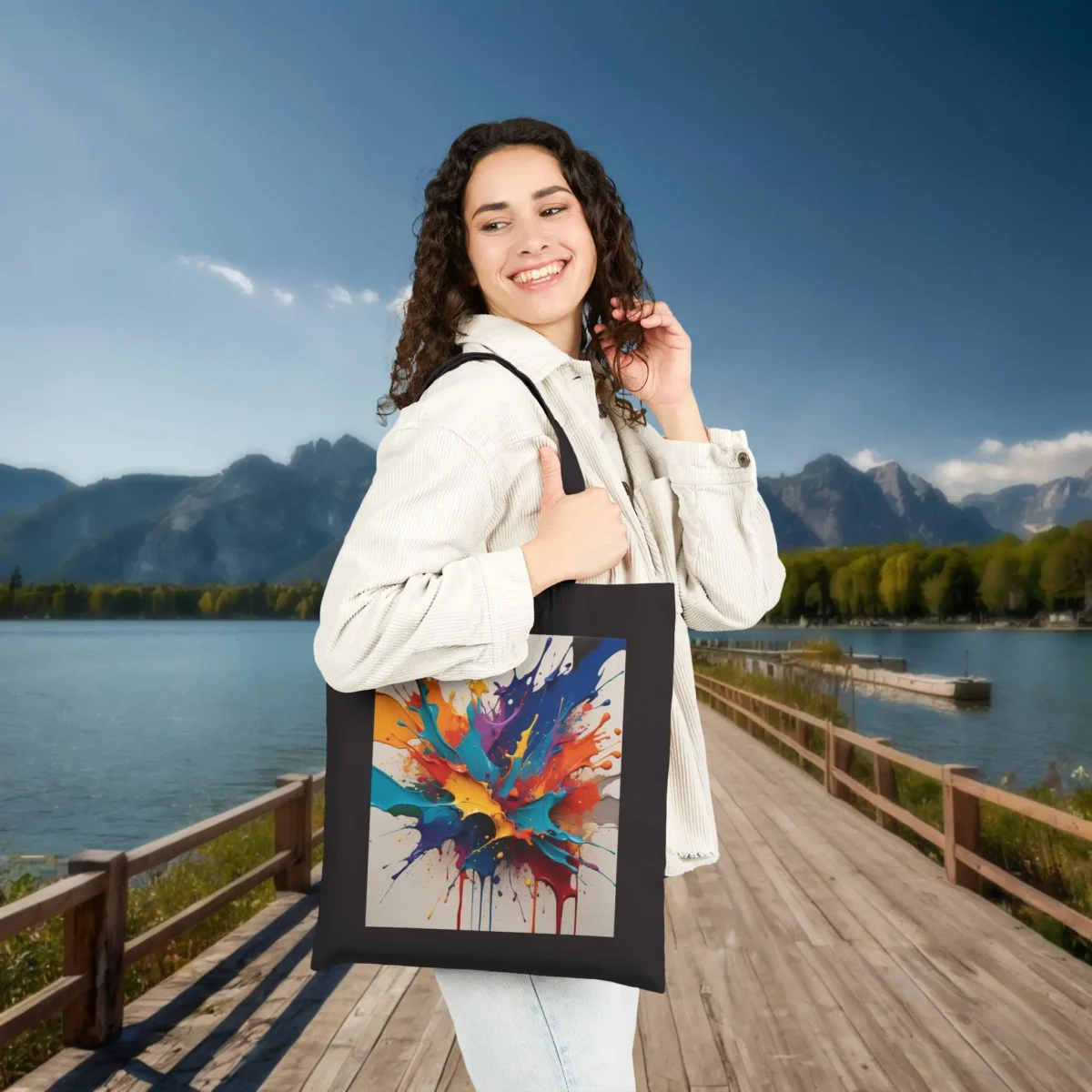 Woman holding a black cotton tote bag featuring a vibrant splash of colorful paint, standing on a lakeside boardwalk.