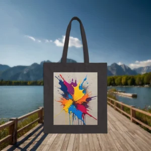 Flat black tote bag with a colorful splash of dripping paint in a radial pattern, displayed on a dock near a lake.