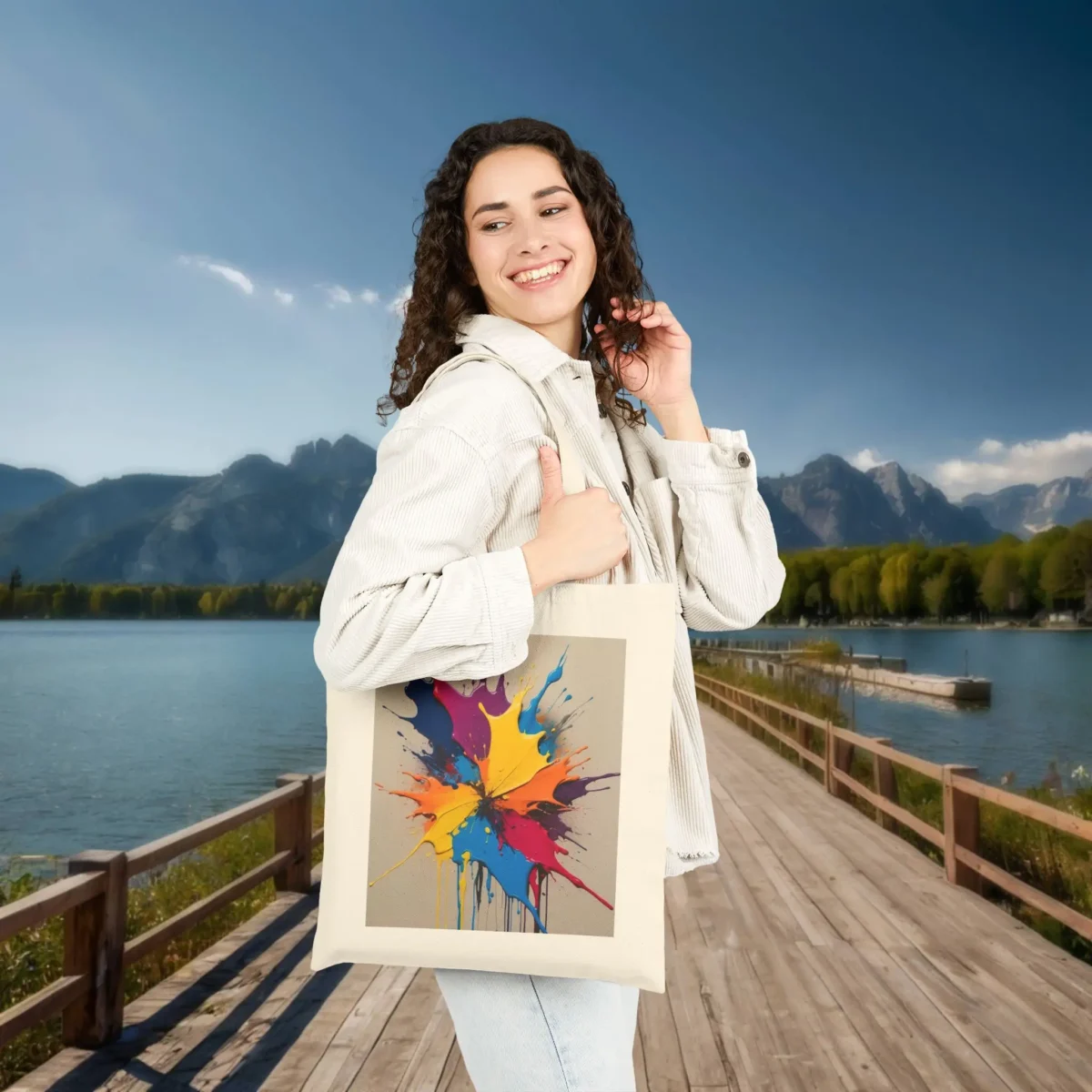 Smiling woman wearing a beige tote bag printed with an abstract splash of colorful paint in bright primary tones.