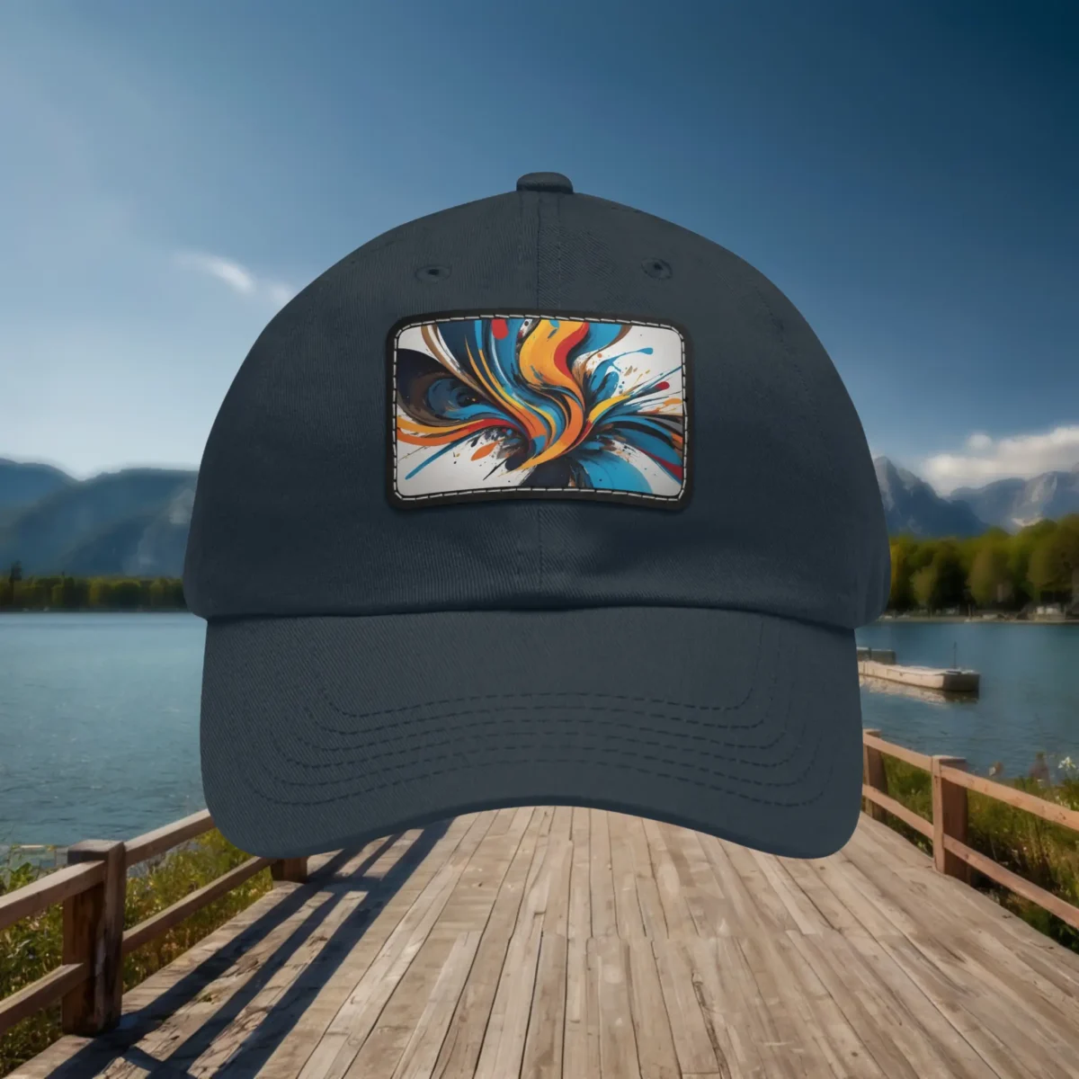 Close-up of navy dad hat with colorful abstract swirl patch, outdoor lakeside background