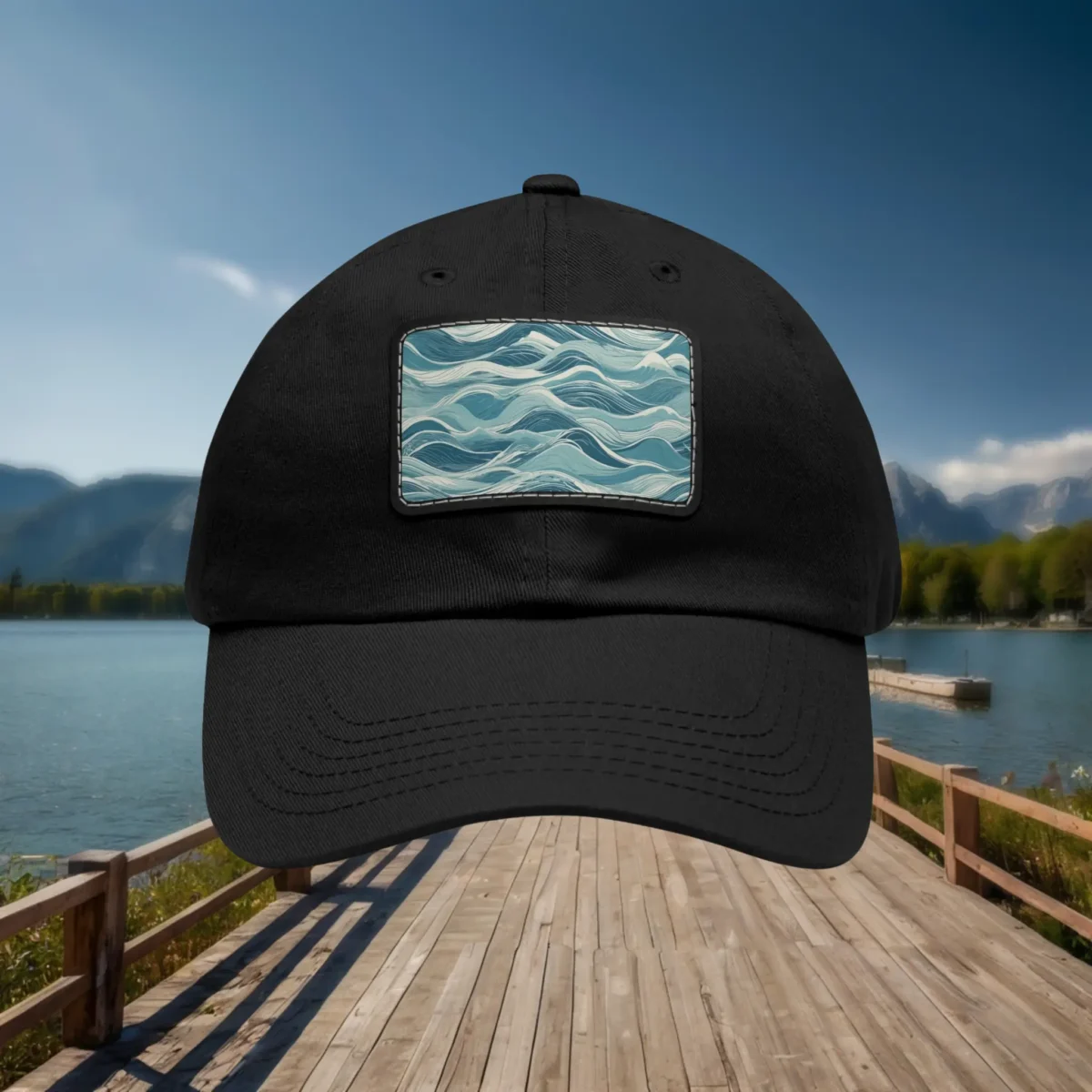 Close-up of black dad hat with blue abstract wavy pattern patch, outdoor lakeside background