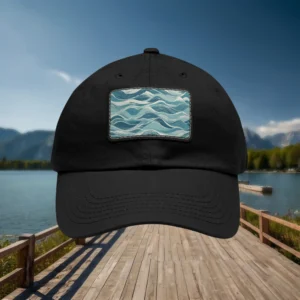 Close-up of black dad hat with blue abstract wavy pattern patch, outdoor lakeside background