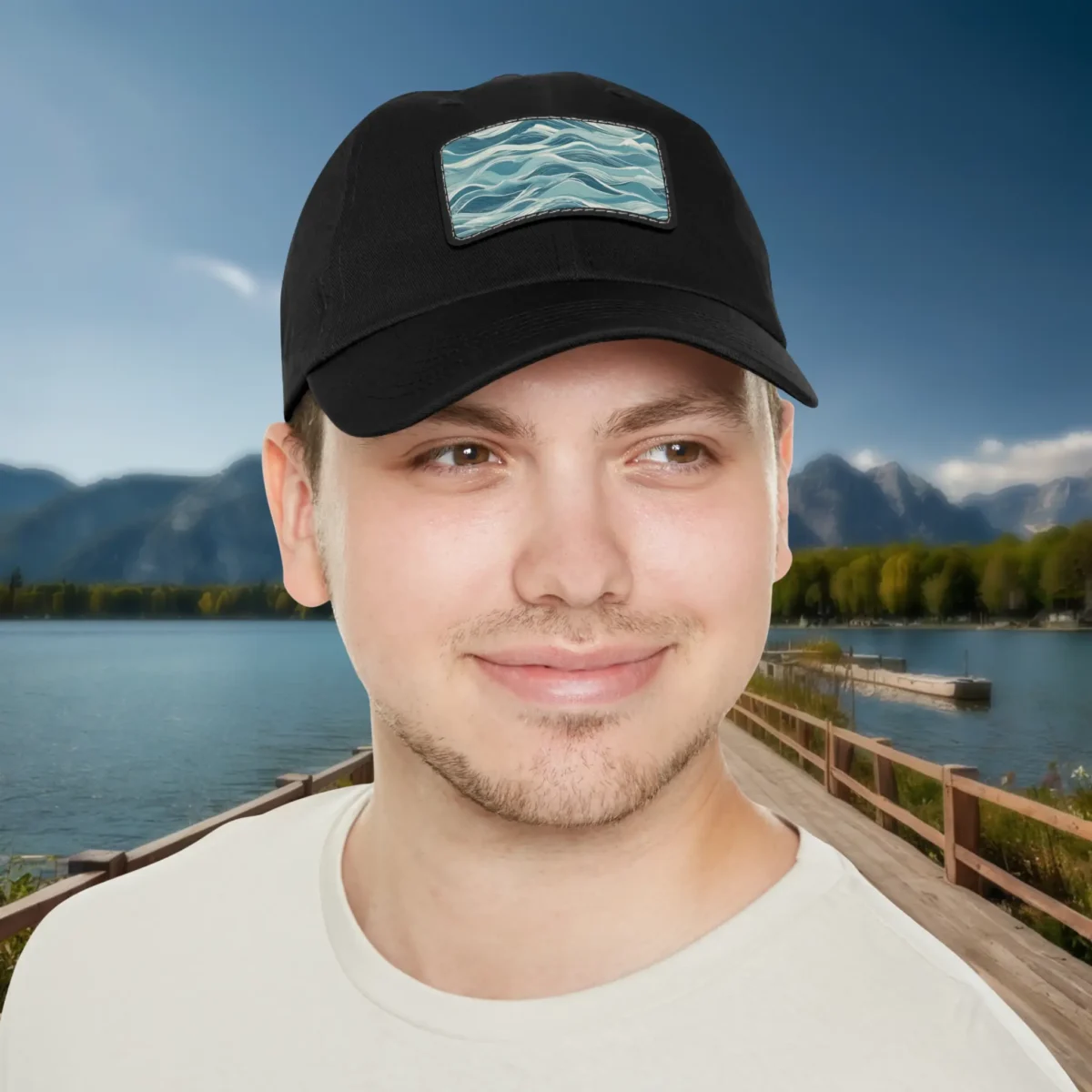 Man wearing a black dad hat with blue abstract wavy pattern patch, outdoor lakeside background