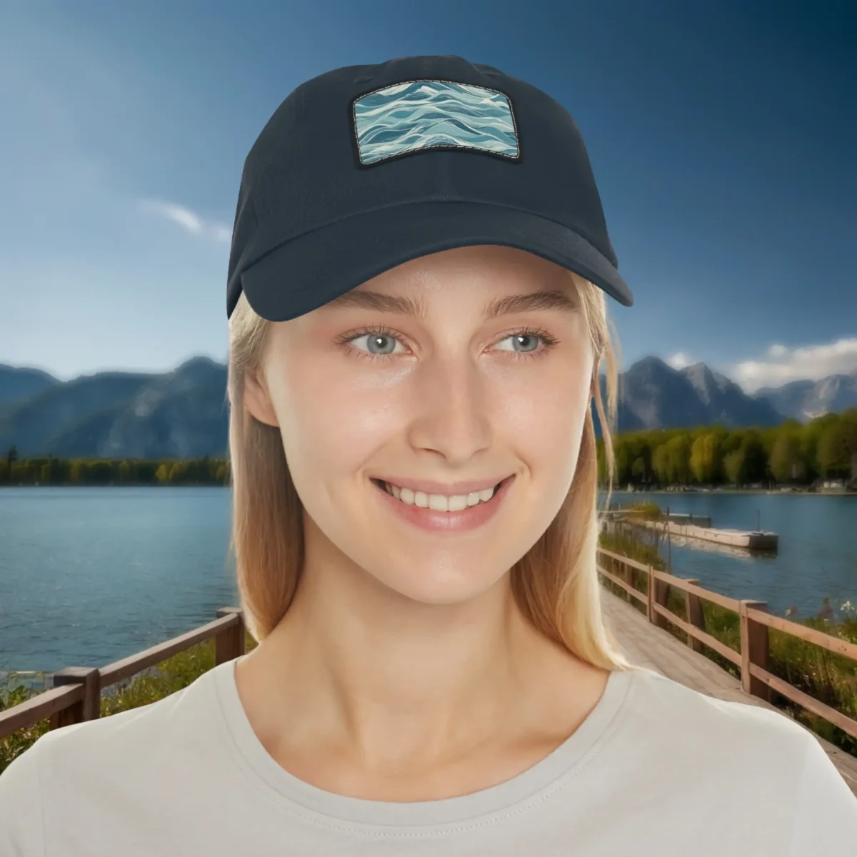 Woman wearing a navy dad hat with blue abstract wavy pattern patch, outdoor lakeside background