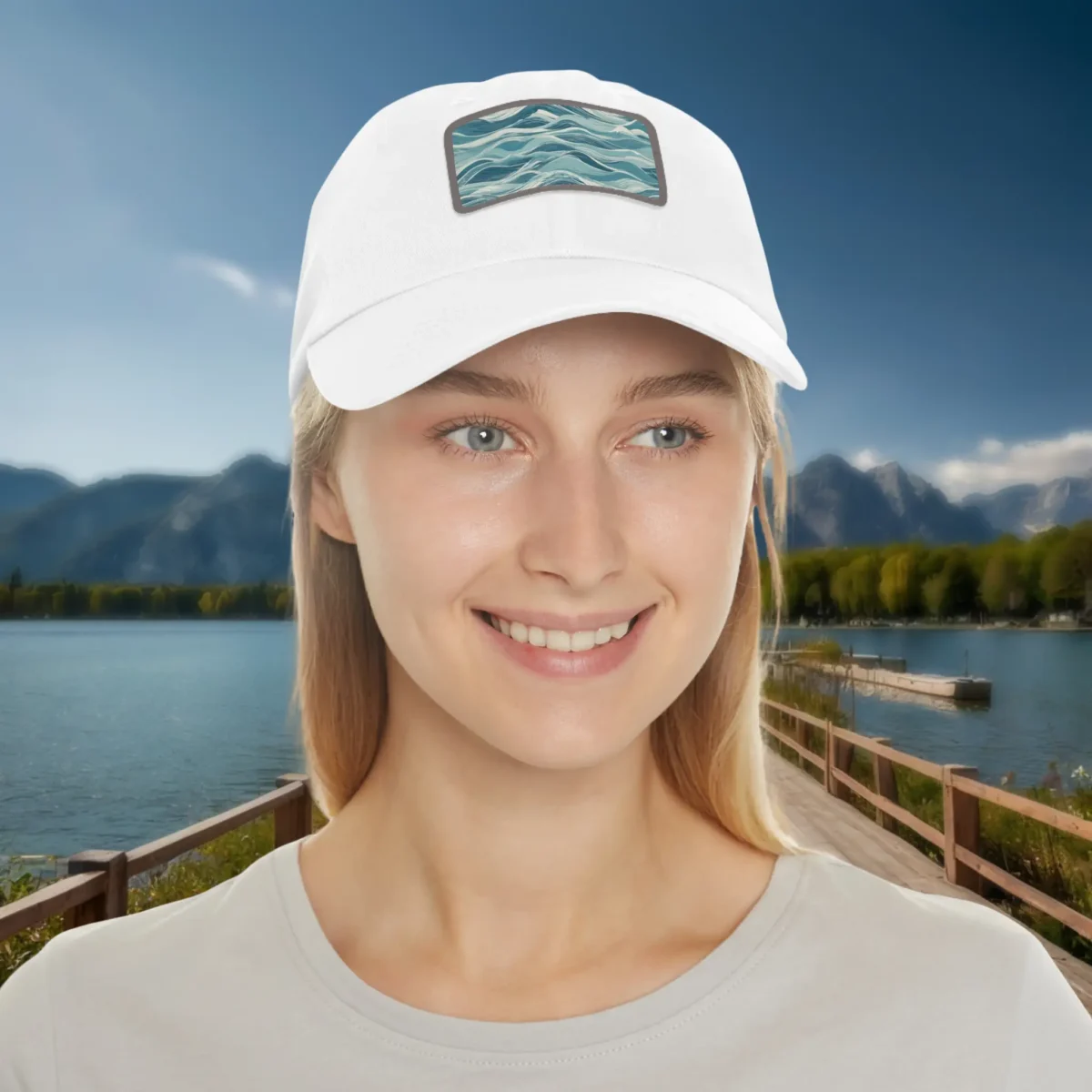 Woman wearing a white dad hat with blue abstract wavy pattern patch, outdoor lakeside background