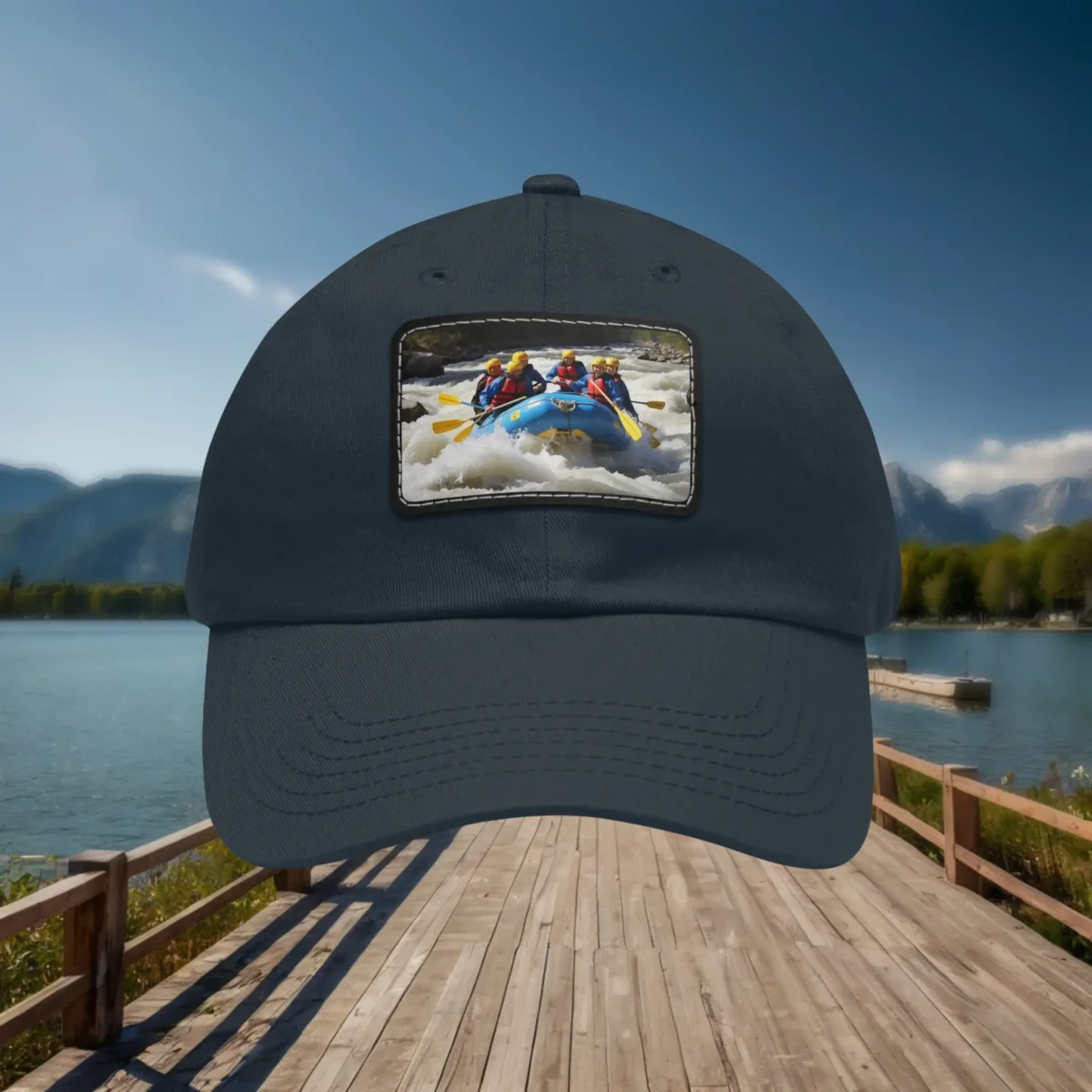 Close-up of navy dad hat with rafting adventure patch, outdoor lakeside background