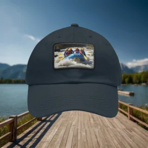 Close-up of navy dad hat with rafting adventure patch, outdoor lakeside background