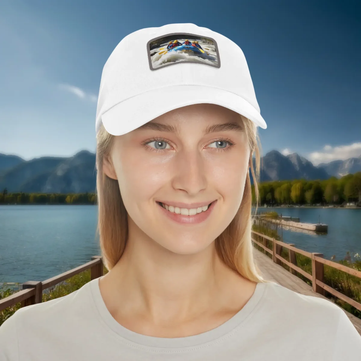 Woman wearing a white dad hat with rafting adventure patch, outdoor lakeside background