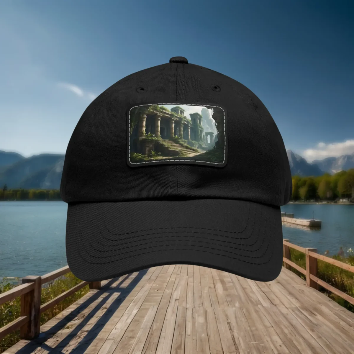 Close-up of black dad hat with ancient ruins patch, outdoor lakeside background