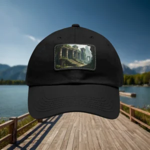 Close-up of black dad hat with ancient ruins patch, outdoor lakeside background