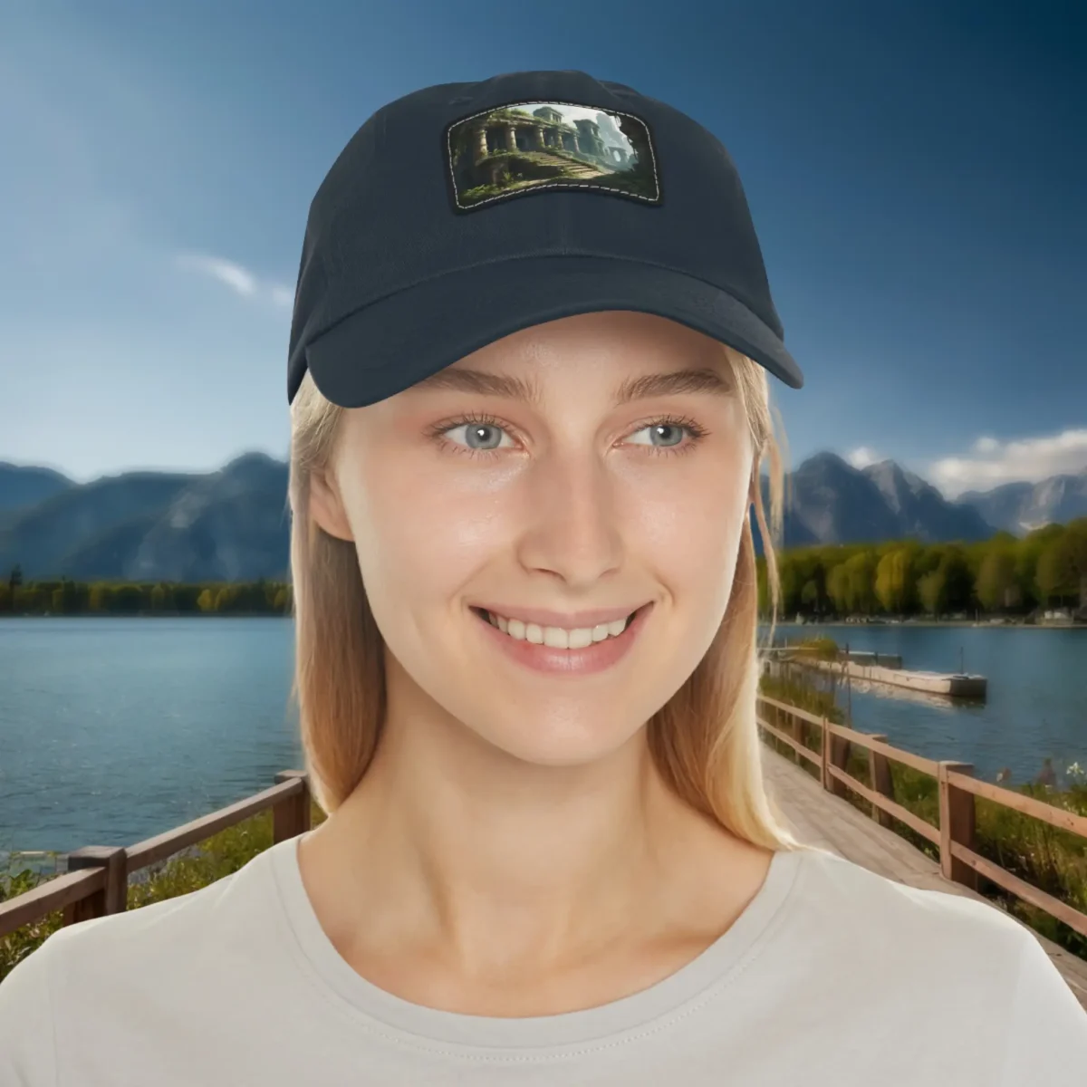 Woman wearing a navy dad hat with ancient ruins patch, outdoor lakeside background