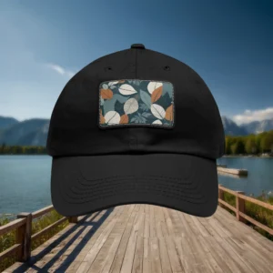 Close-up of black dad hat with autumn leaf pattern patch, outdoor lakeside background