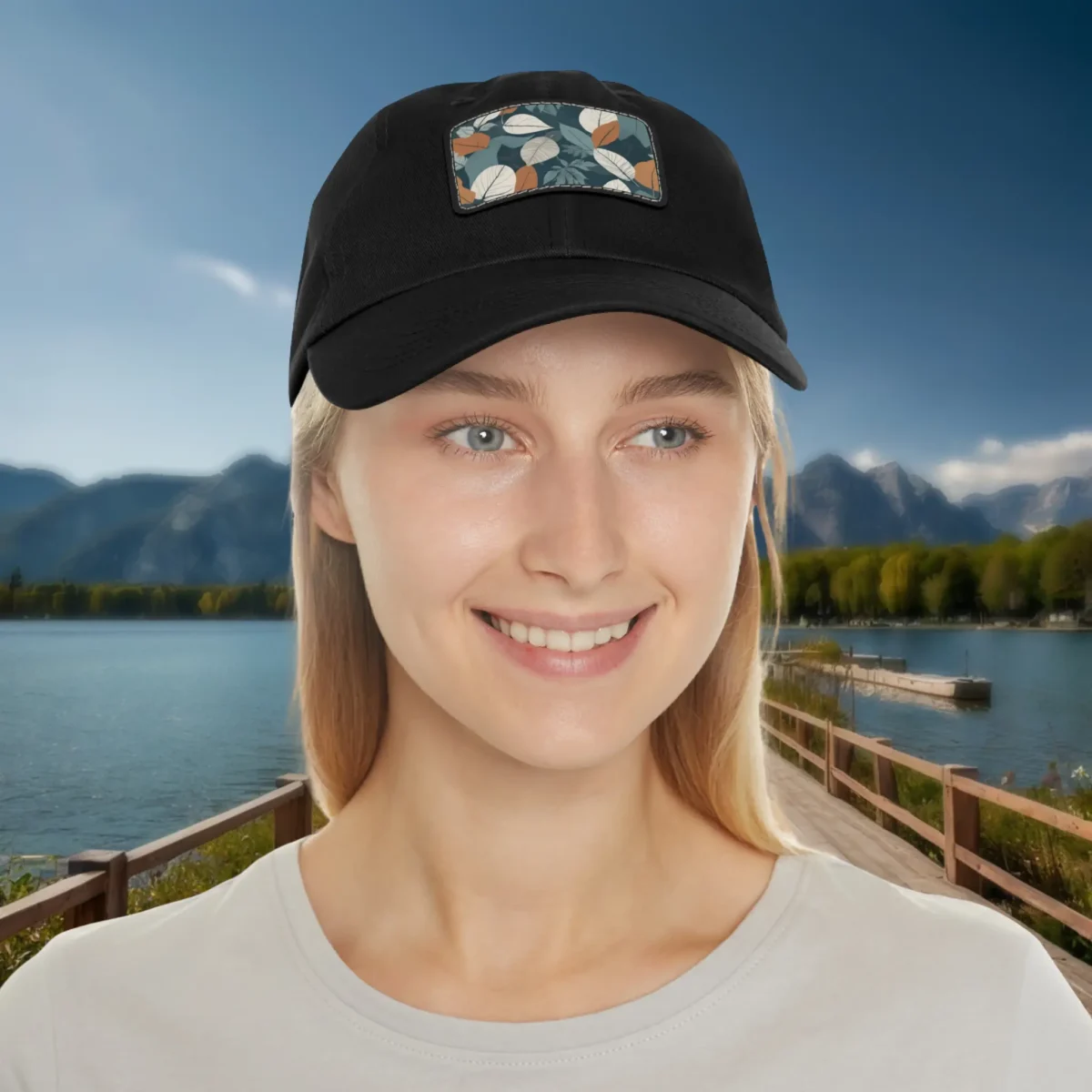 Woman wearing a black dad hat with autumn leaf pattern patch, outdoor lakeside background