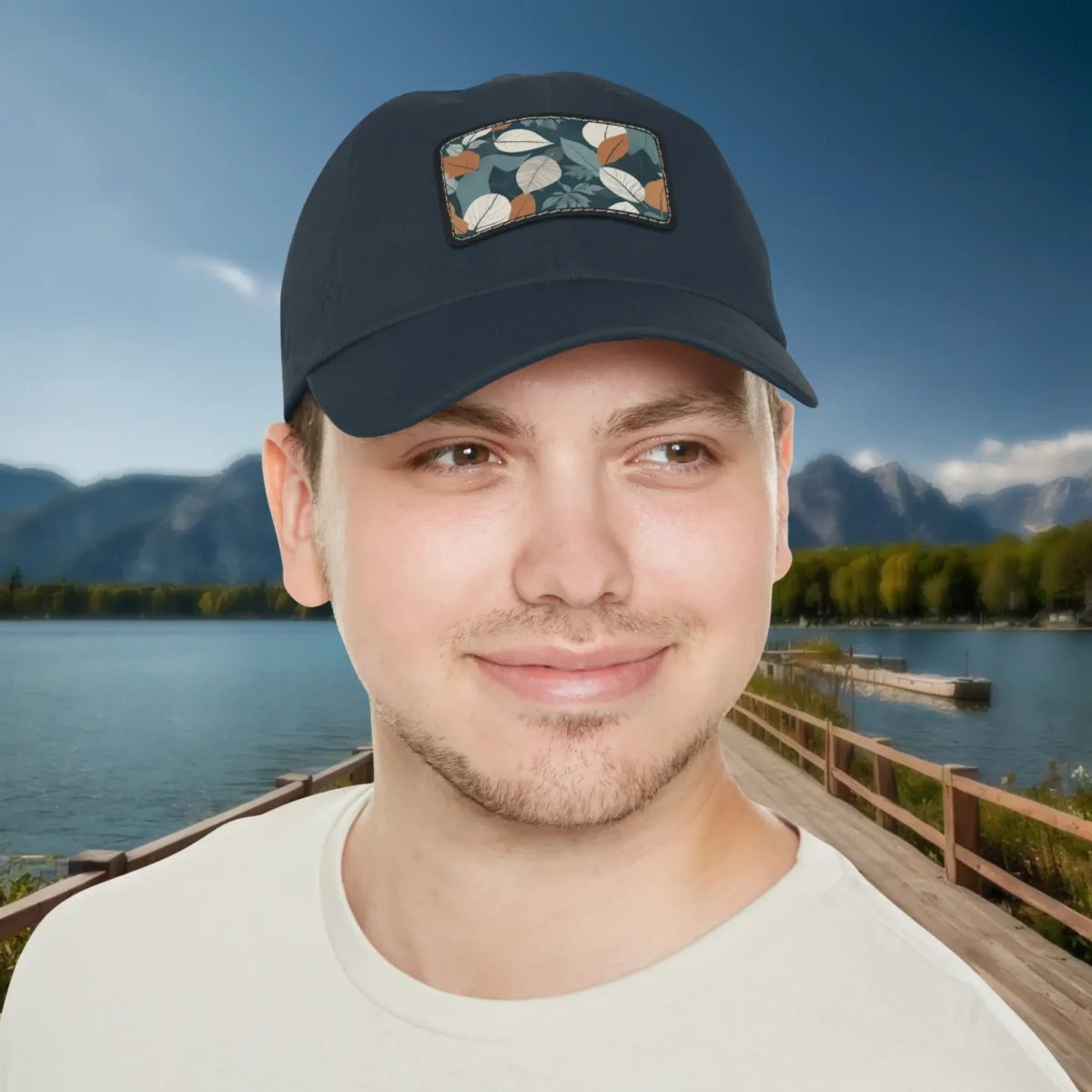 Man wearing a navy dad hat with autumn leaf pattern patch, outdoor lakeside background