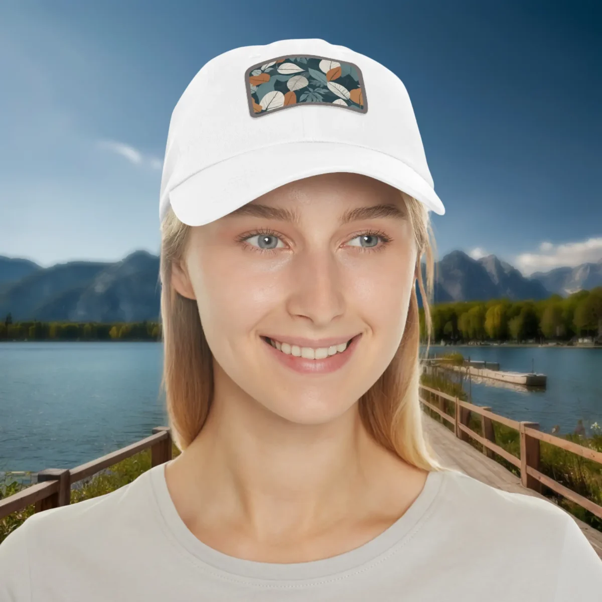 Woman wearing a white dad hat with autumn leaf pattern patch, outdoor lakeside background