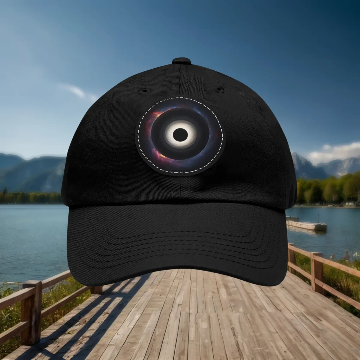 Black dad hat with black hole design – product view