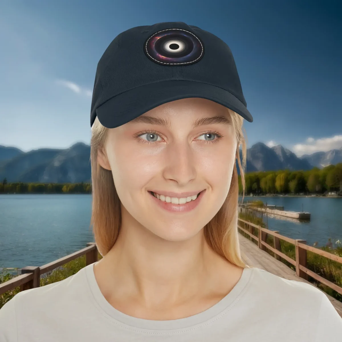Navy blue dad hat with black hole design worn by female model