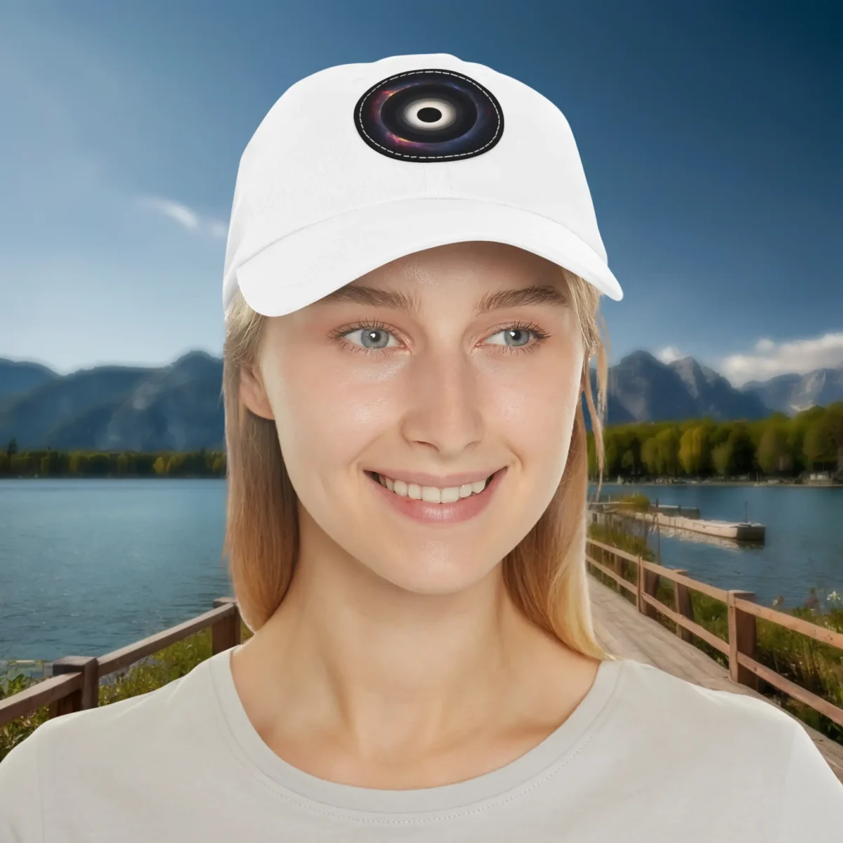 White dad hat with black hole design worn by female model