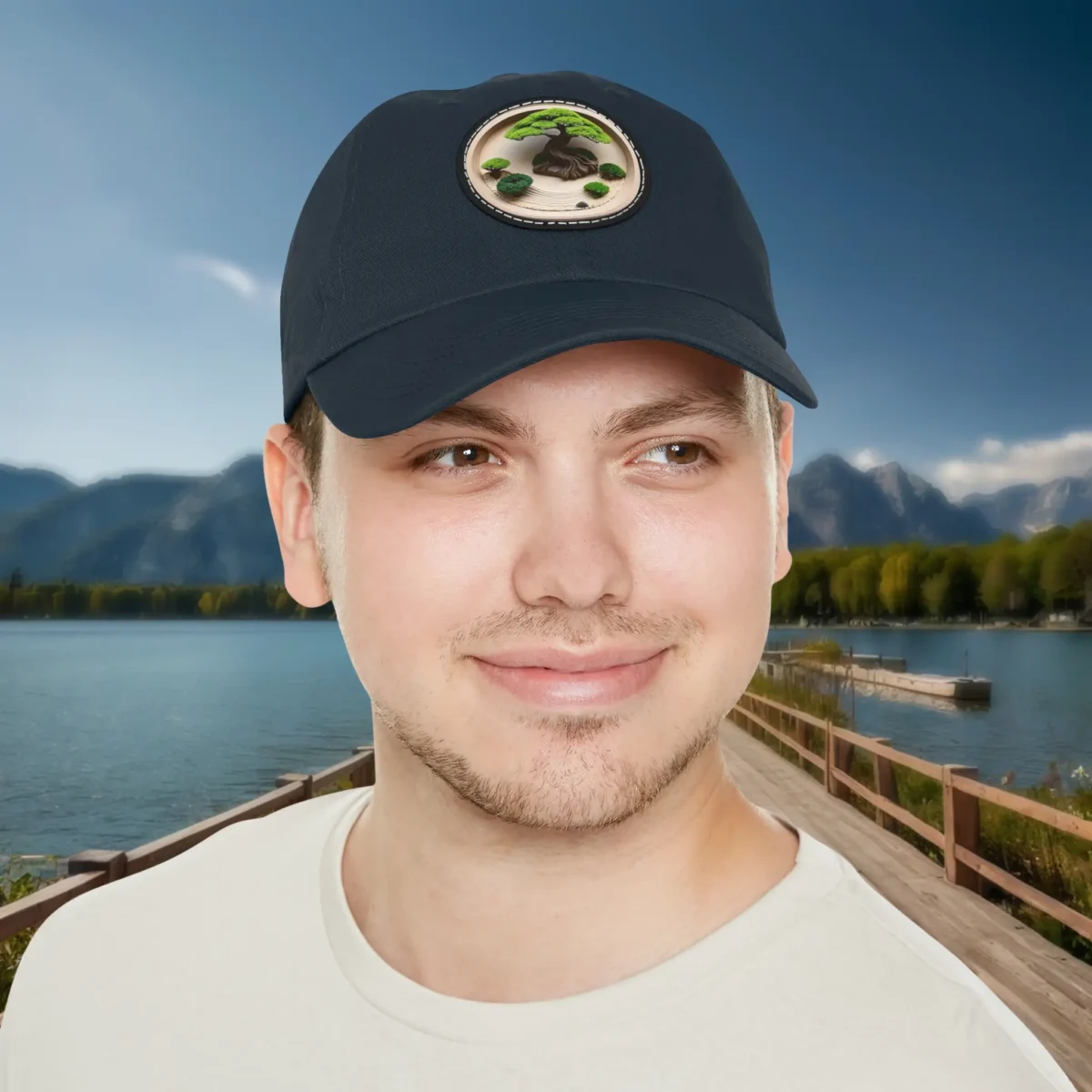 Man wearing navy dad hat with bonsai tree patch design.