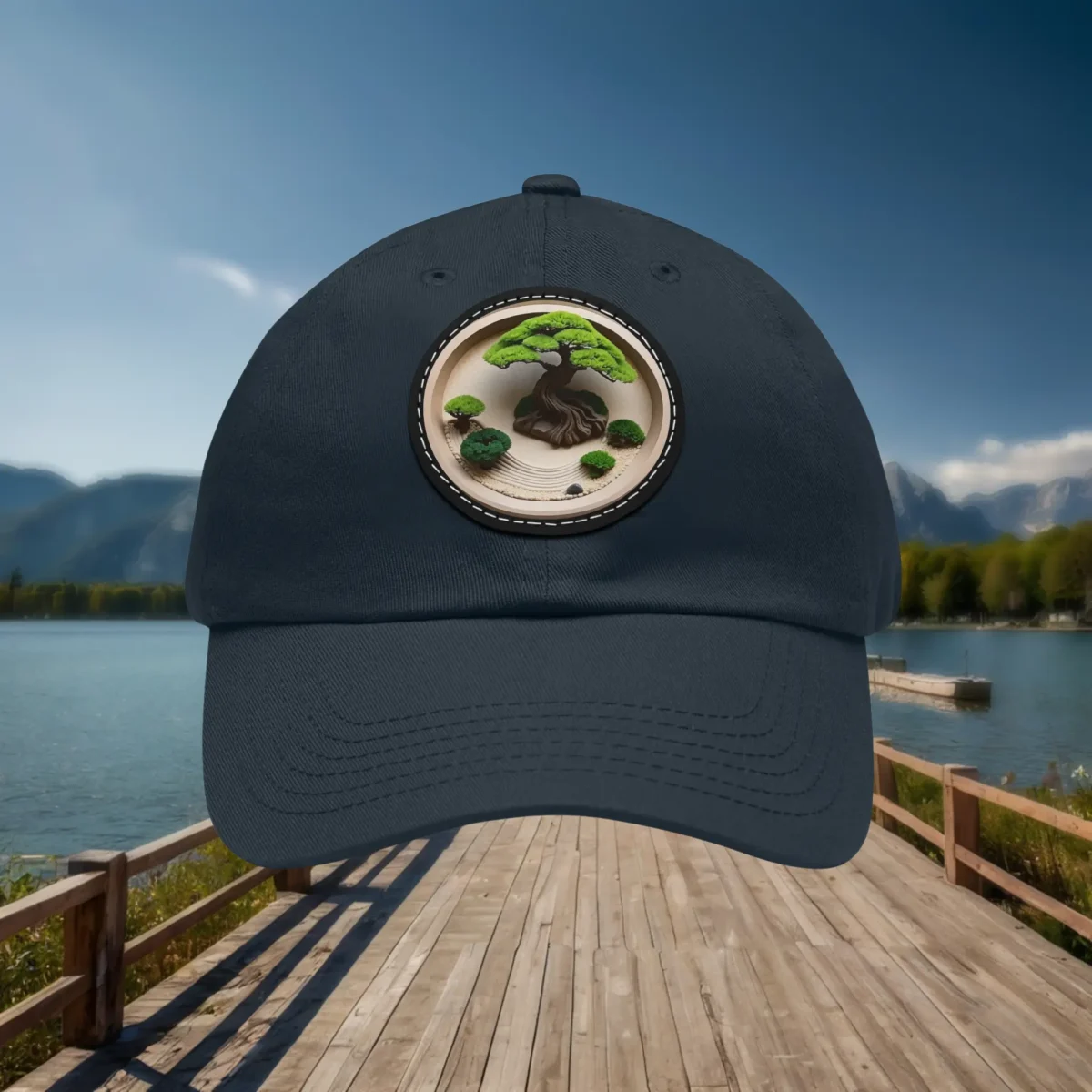 Navy dad hat with bonsai tree patch on front panel.