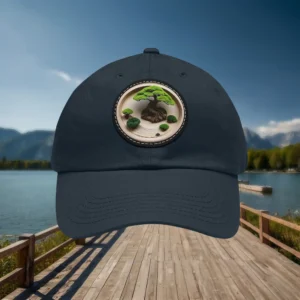 Navy dad hat with bonsai tree patch on front panel.