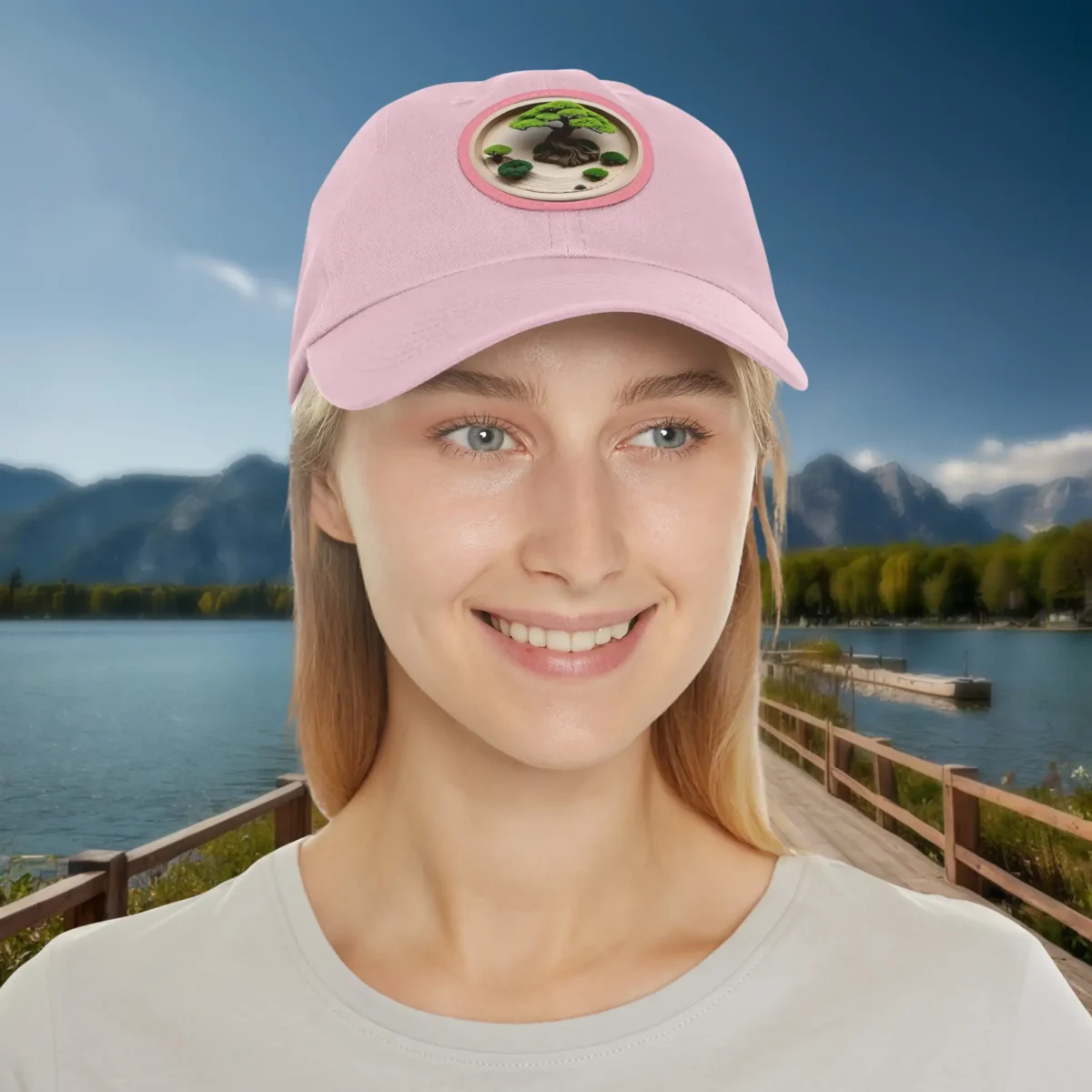 Woman wearing pink dad hat with bonsai tree patch design.