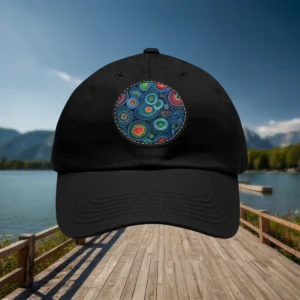 Black dad hat with colorful circular abstract patch on front panel.