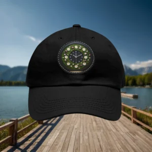 Black dad hat with floral clock patch on front panel.