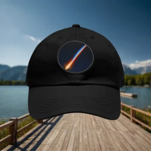 Black dad hat with comet streak patch on front panel.