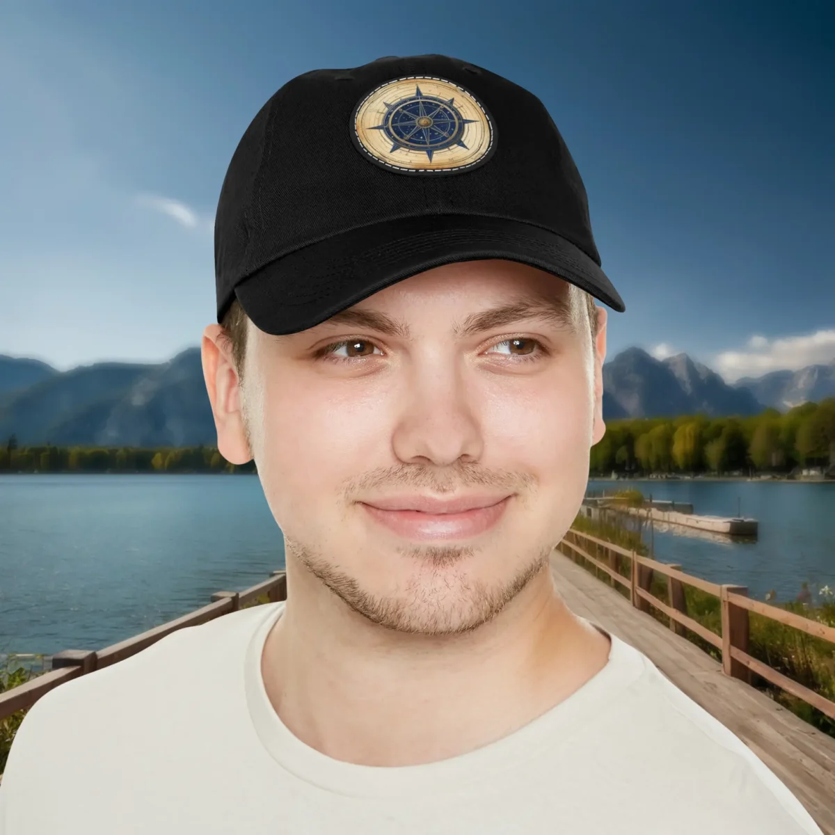 Man wearing black dad hat with vintage compass patch design.
