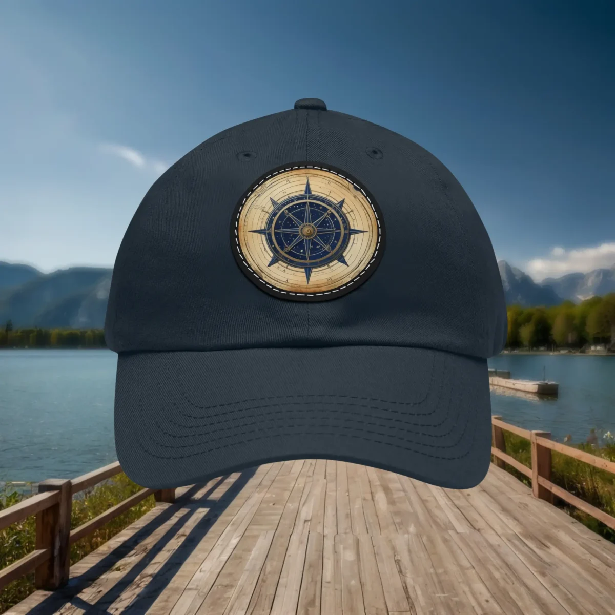 Navy dad hat with vintage compass patch on front panel.