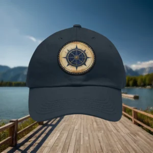 Navy dad hat with vintage compass patch on front panel.