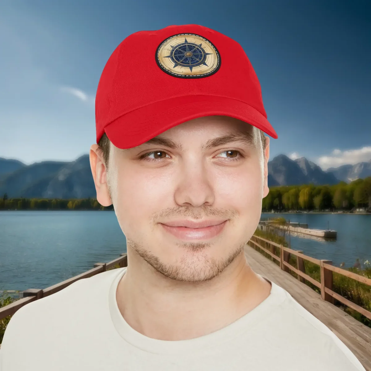Man wearing red dad hat with vintage compass patch design.