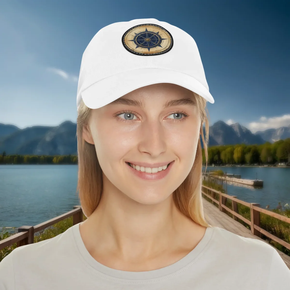 Woman wearing white dad hat with vintage compass patch design.