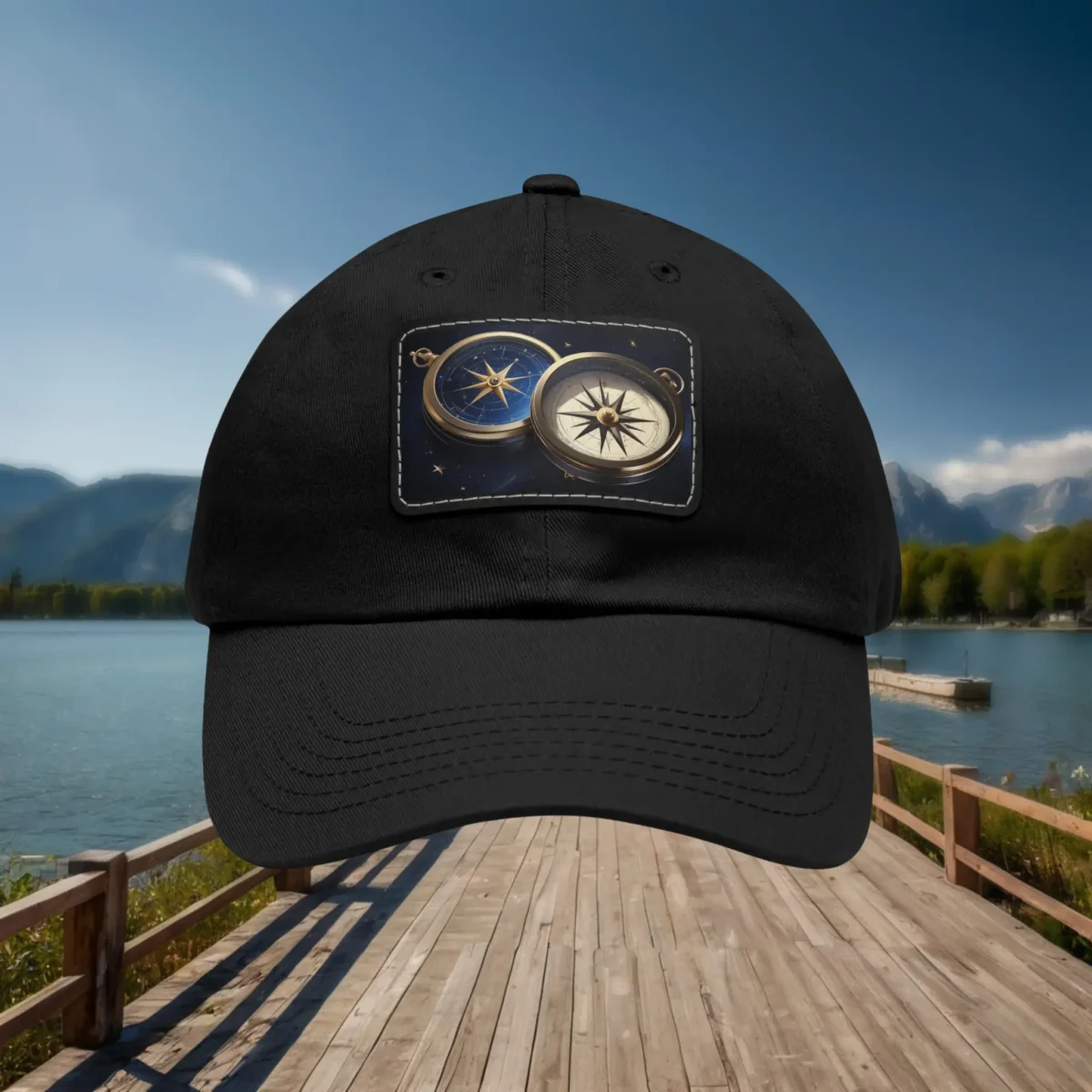 Black dad hat with compasses patch showing two detailed compass designs on a starry background, displayed against a lake and mountain backdrop.