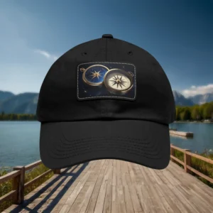 Black dad hat with compasses patch showing two detailed compass designs on a starry background, displayed against a lake and mountain backdrop.