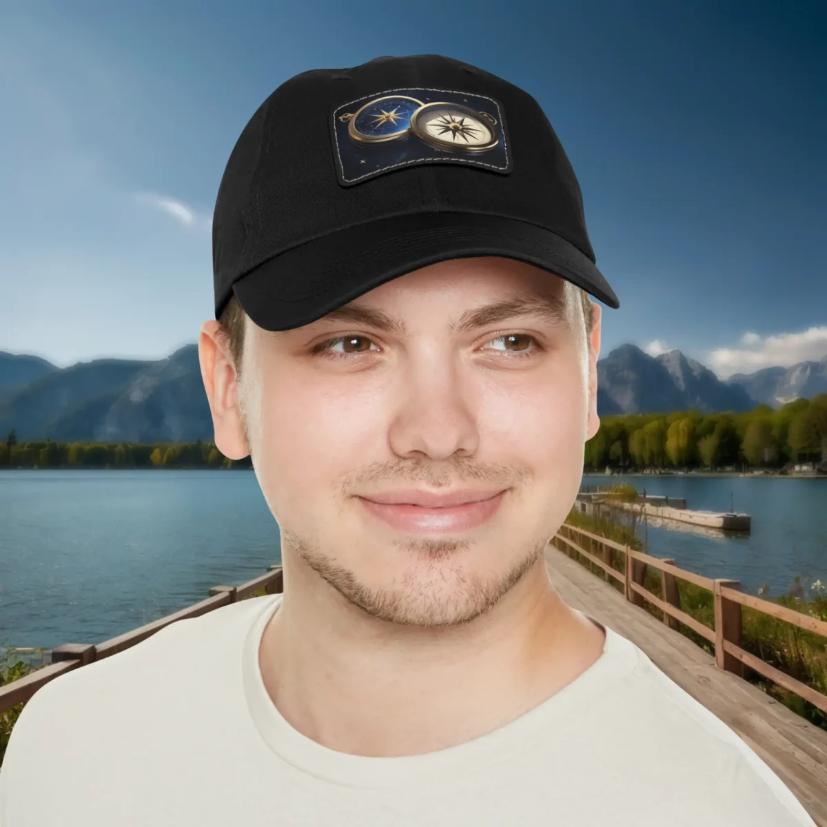 Man wearing black dad hat with compasses patch design, posing by a lake with mountain scenery.