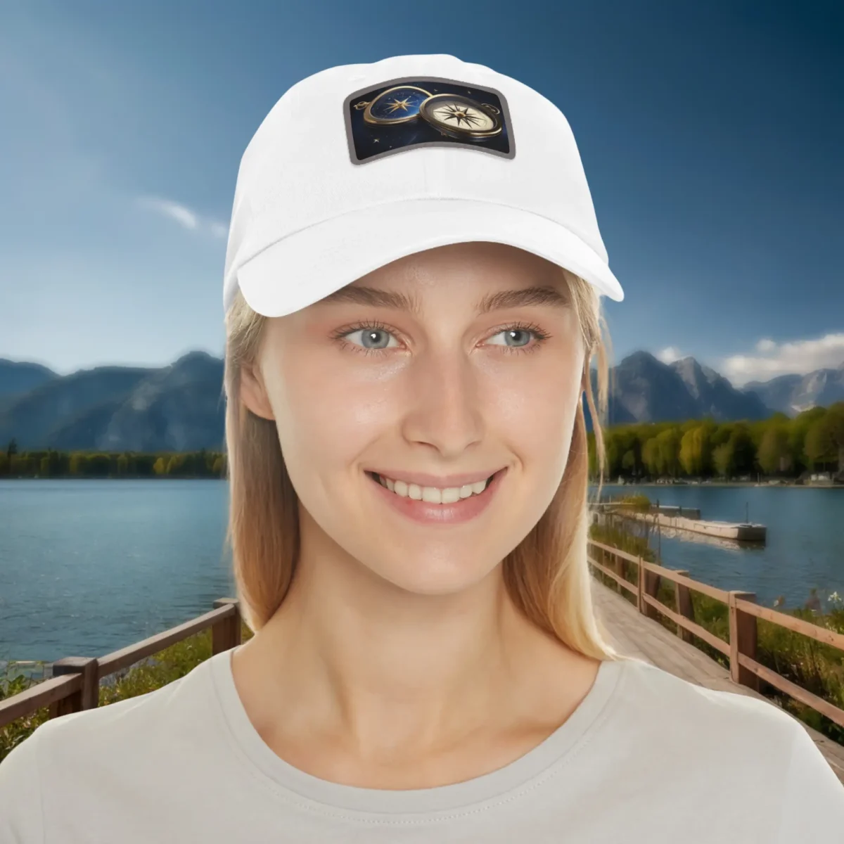 Woman wearing white dad hat with compasses patch design, standing outdoors near a scenic lake and mountains.