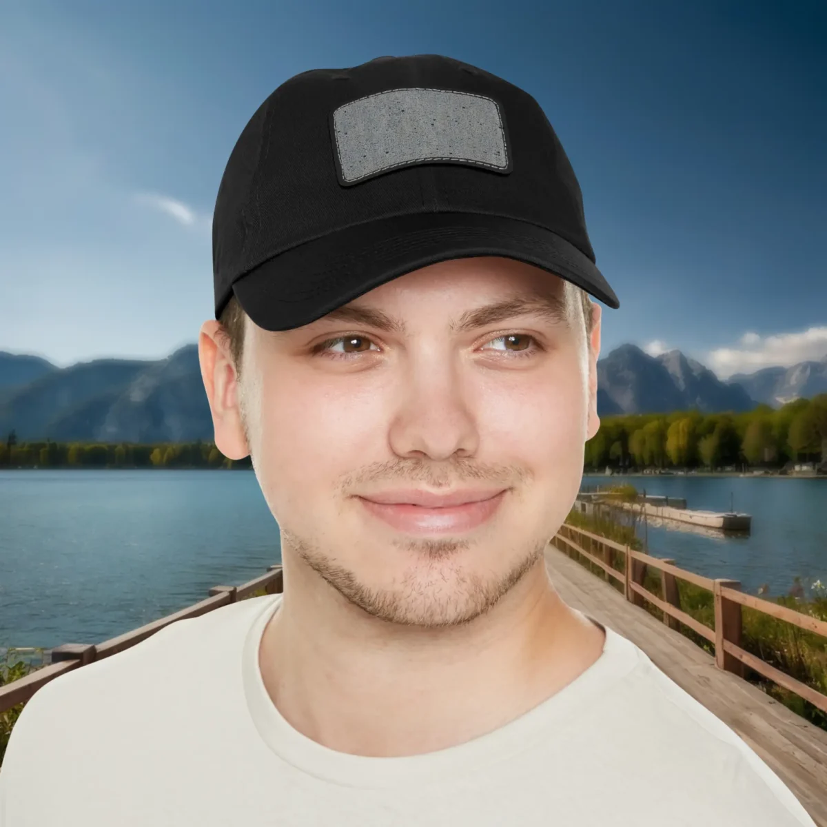 Man wearing black dad hat with concrete texture patch design, posing outdoors by a lake with mountains in the background.
