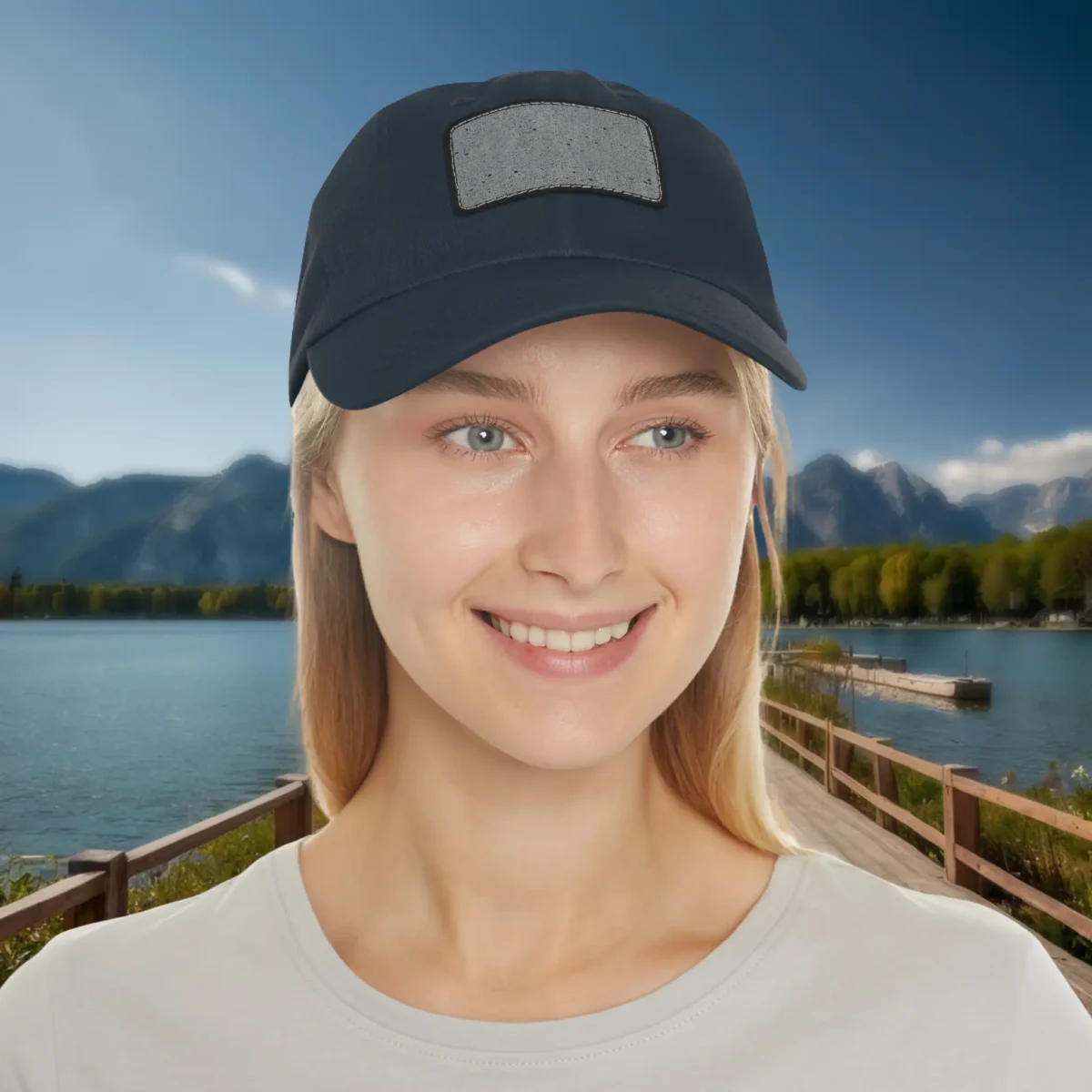 Woman wearing navy blue dad hat with concrete texture patch design, standing outdoors by a lake and mountains.