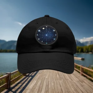 Black dad hat with constellations map patch on front panel.
