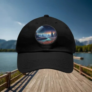 Black dad hat with cosmic landscape patch on front panel.